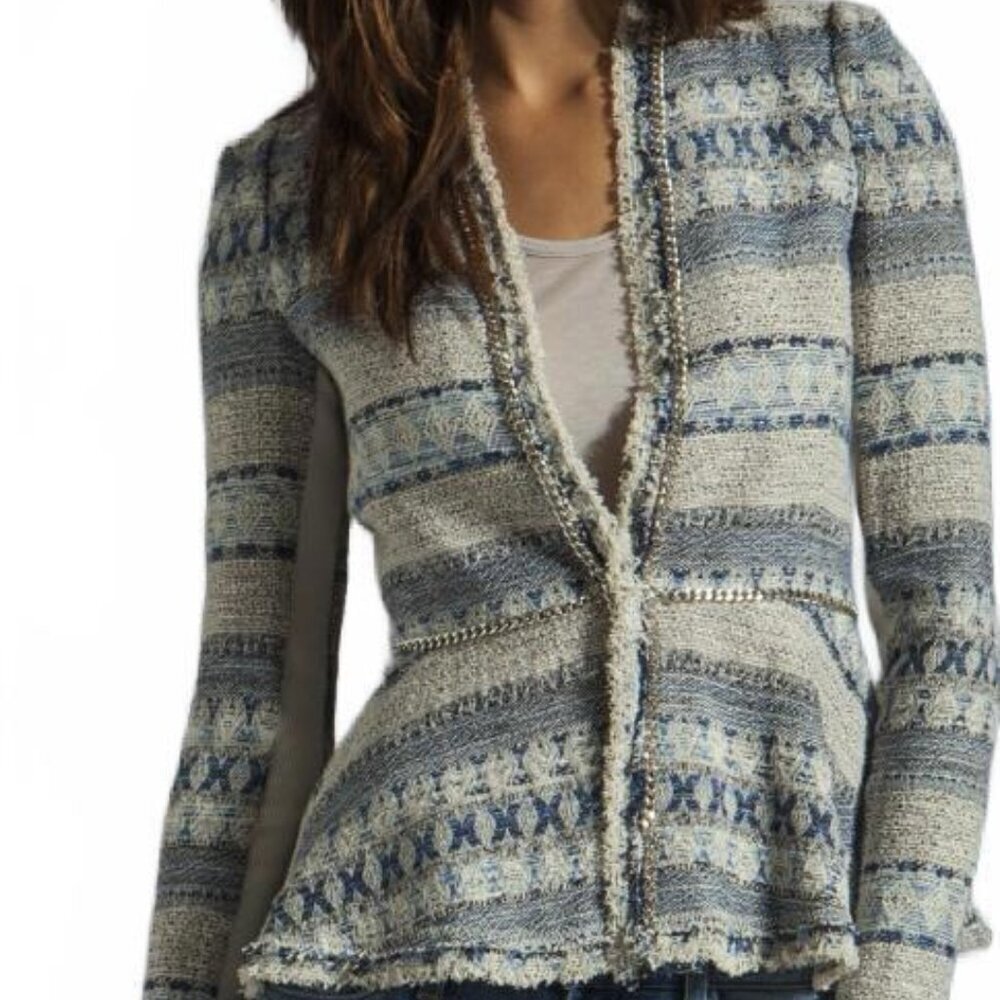 Rebecca Taylor Blue and White Textured Tweed and Chain Jacket Size 4